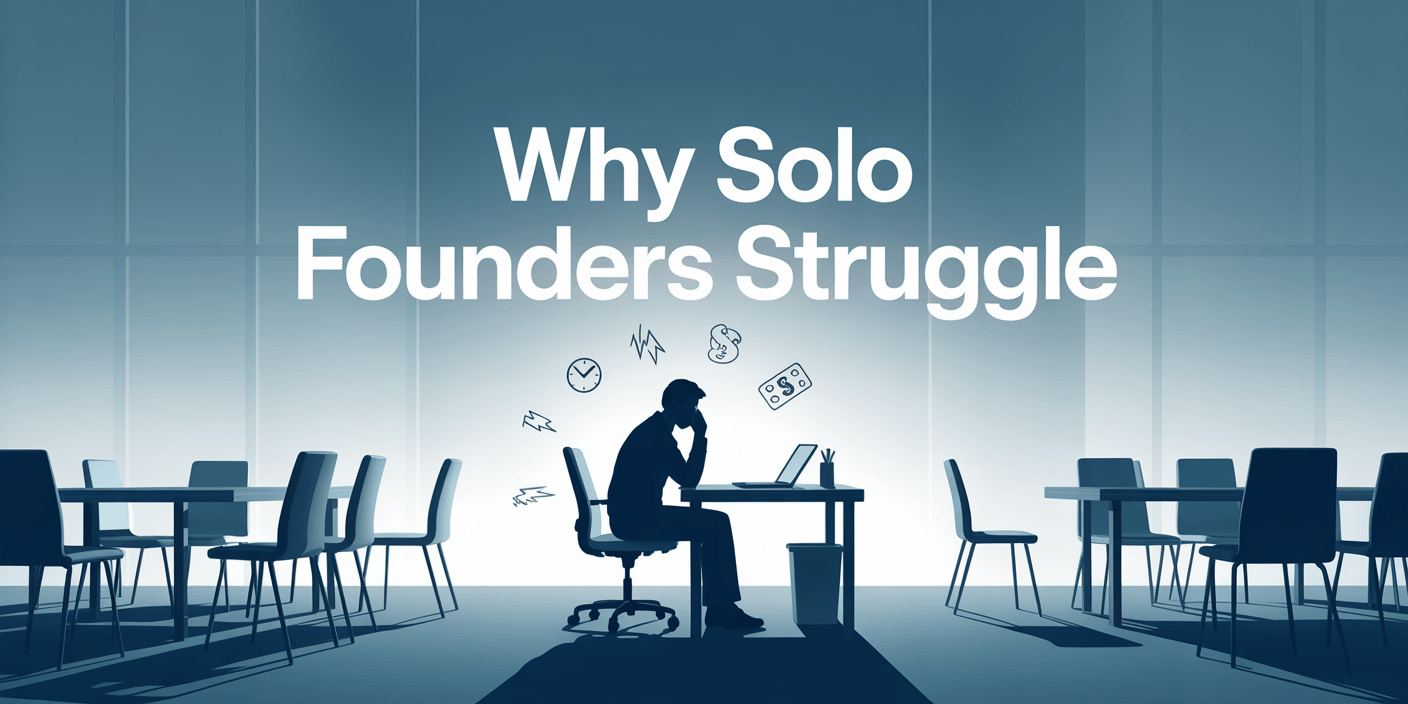 Stressed solo founder working alone at desk facing startup challenges and burnout